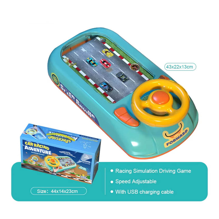 Toy racing simulator with steering wheel and race track, including packaging