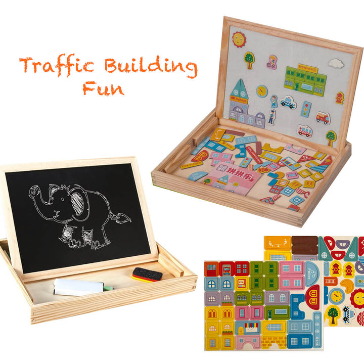 Wooden magnetic puzzle set with traffic & building theme