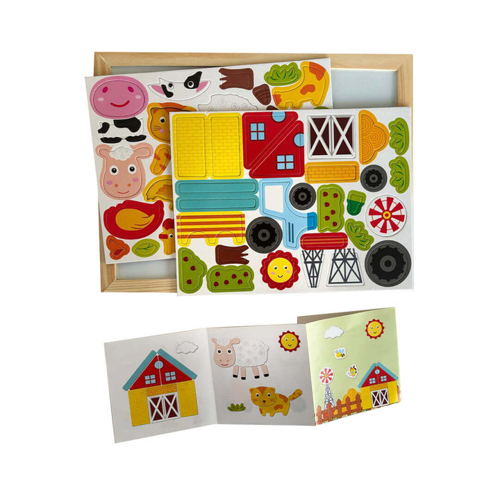 Foldable puzzle box with colorful magnets, farm animals theme