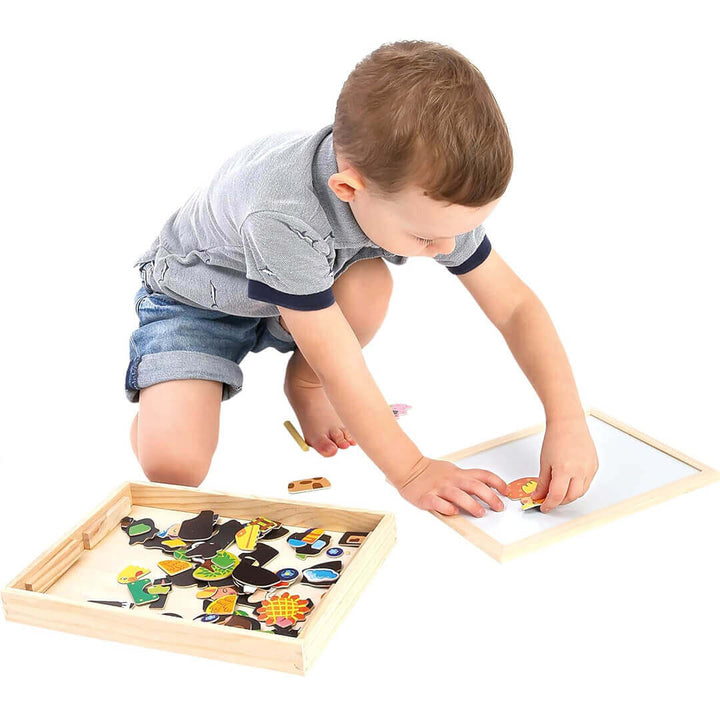 Magnetic puzzle box with whiteboard and chalkboard