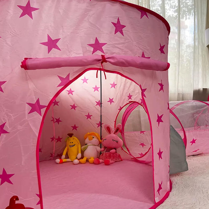 Pink children's play tent with star patterns and toys inside for girls
