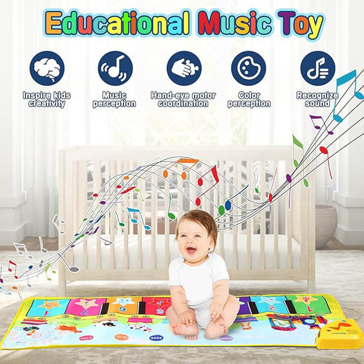 Child sitting on piano mat to play notes and sounds