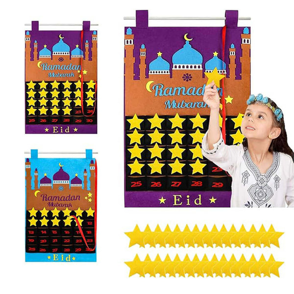 Kids Ramadan calendar with 30 mini compartments for Eid countdown blue and purple