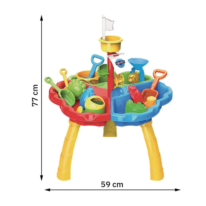 Colorful water sand table with sand toys, dimensions