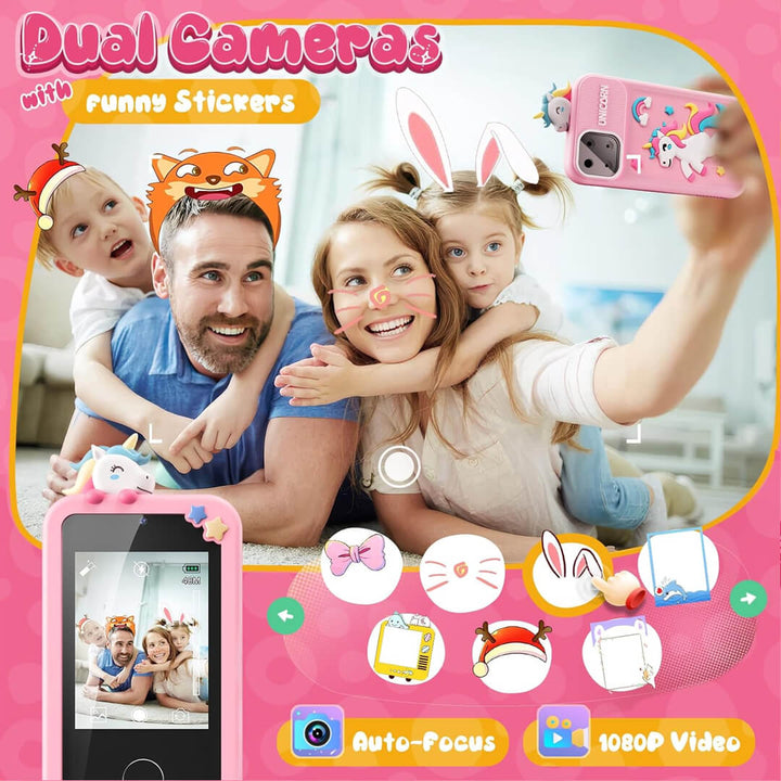 Family taking a selfie with unicorn phone featuring dual cameras and funny stickers.
