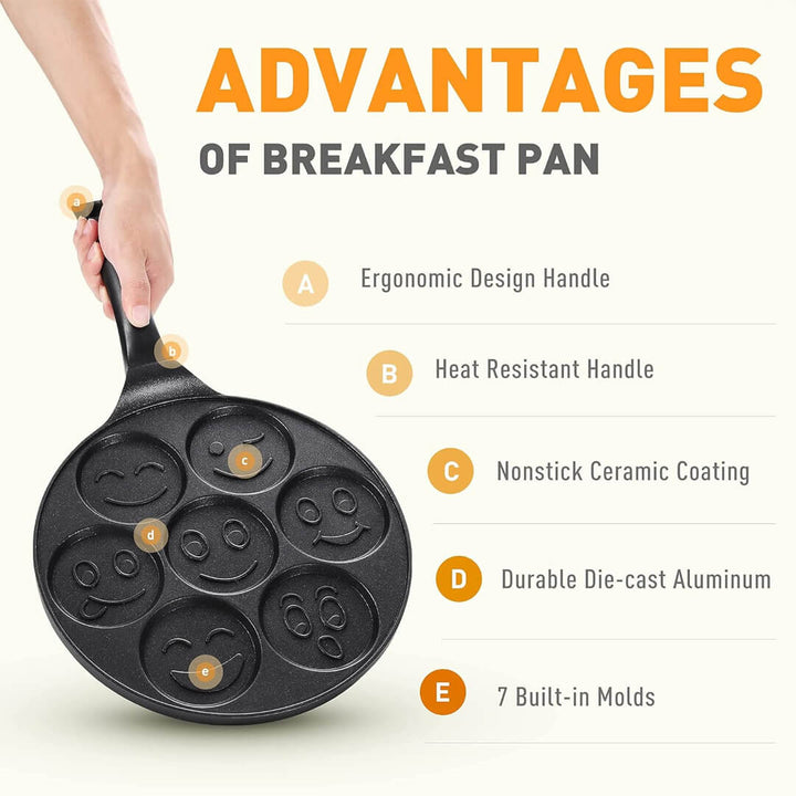 Smiley face pancake pan with seven molds, egronomis design handle