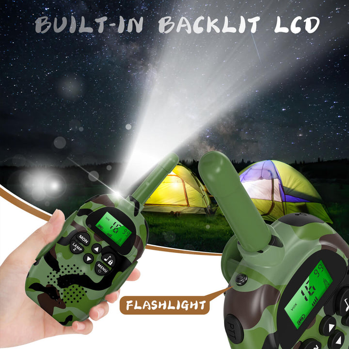 Two walkie-talkies with built-in flashlights and backlit LCD screens