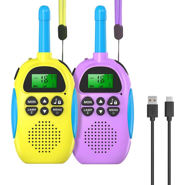 Kids using yellow and purple walkie-talkies for outdoor play