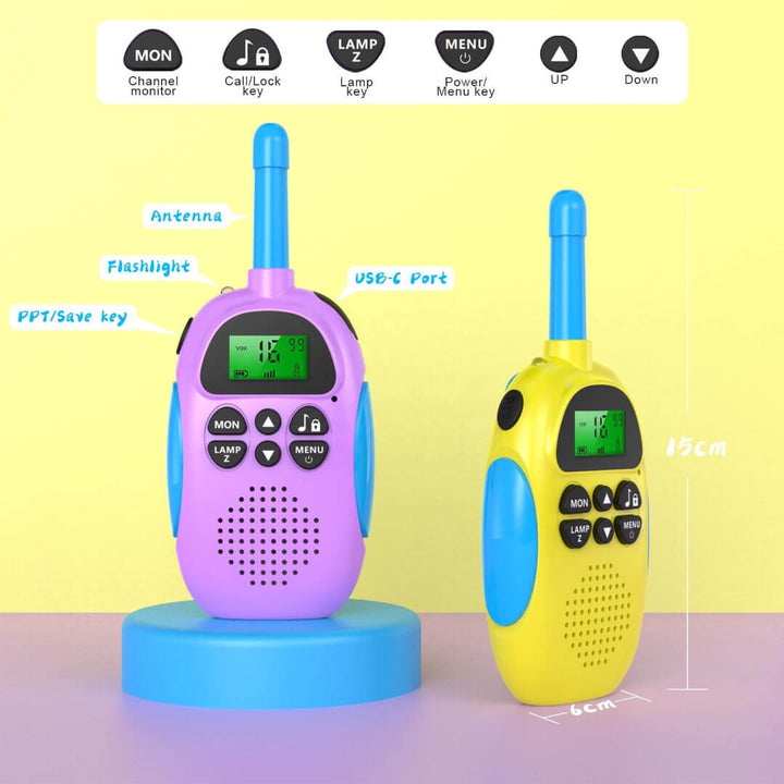 Yellow and purple walkie-talkies with built-in flashlight