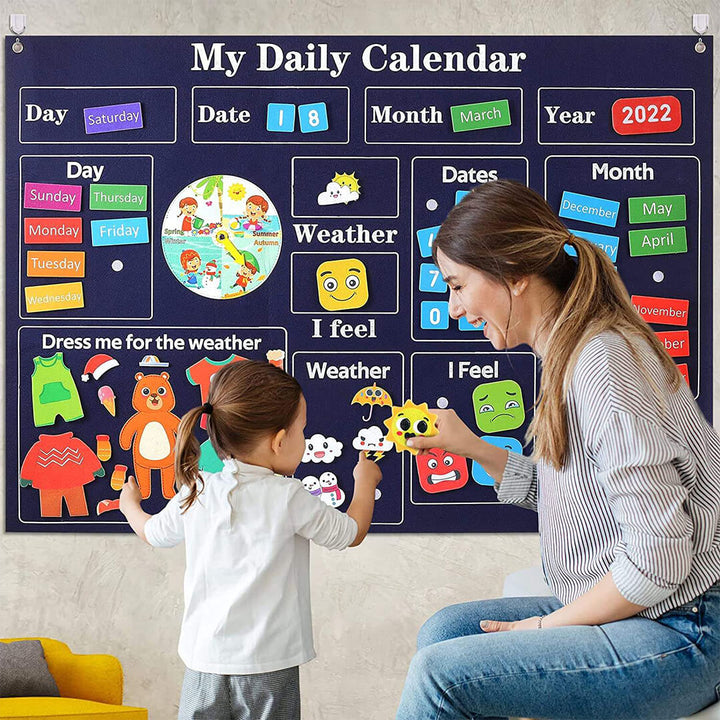 Interactive felt calendar showing days, weather, and months for kids