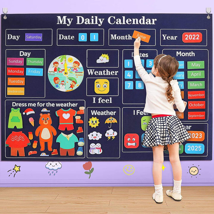 Felt calendar mounted on the wall using built-in hook