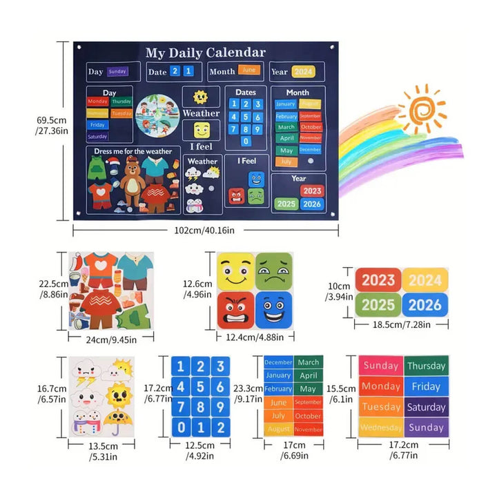 Interactive felt calendar showing days, weather, and months for kids, dimensions