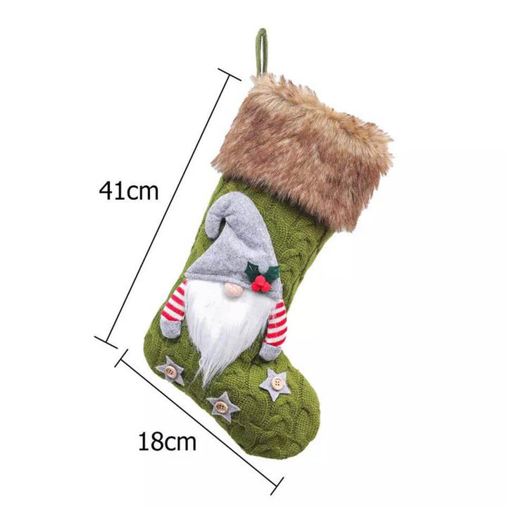Christmas stocking with gnome design in green color, dimensions