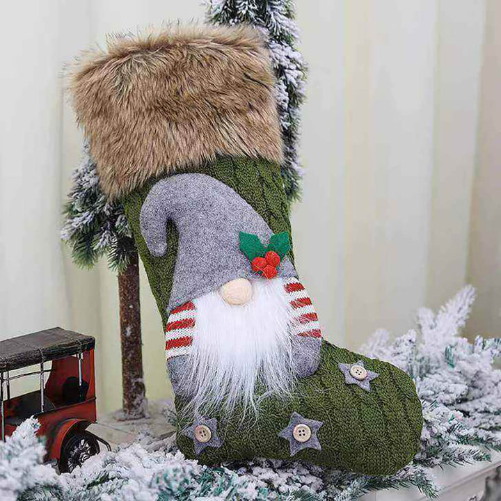 Christmas stocking with gnome design in green color