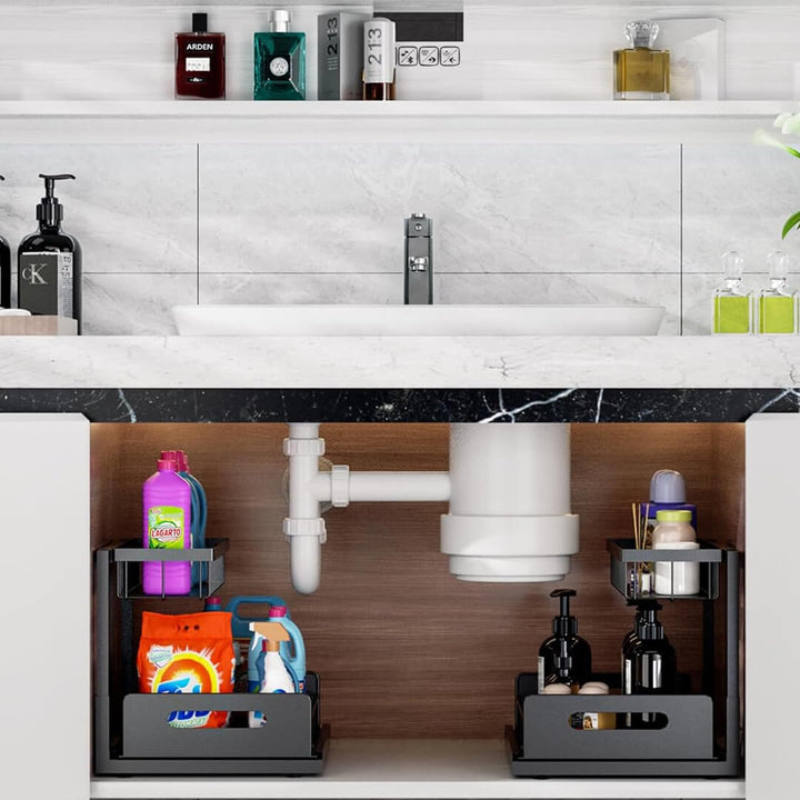 L-shaped cabinet organizer with pull-out shelf