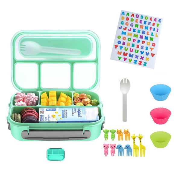 Kids' school lunch box 15-piece set with mini forks, dividers, a sauce cup, and ABC stickers, Green