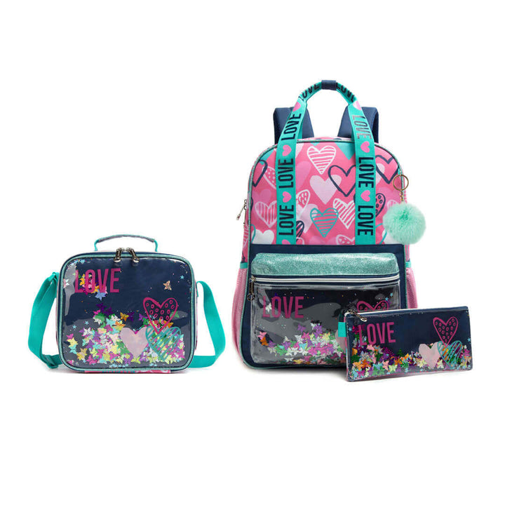 3-Piece Love-Themed Glitter Backpack Set with Transparent Pocket