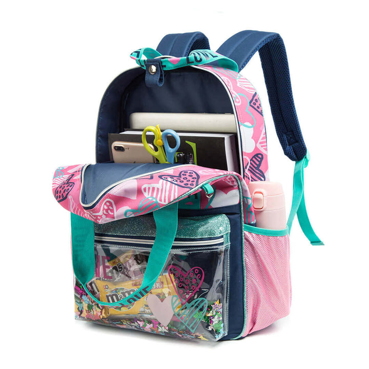 3-Piece Love-Themed Glitter Backpack Set with Transparent Pocket