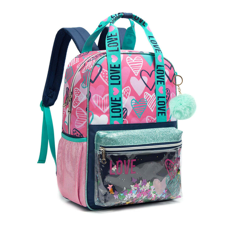 3-Piece Love-Themed Glitter Backpack Set with Transparent Pocket
