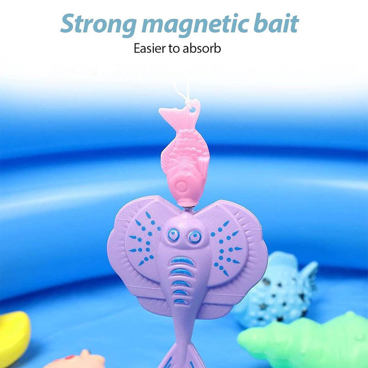 Magnetic fish toys floating in inflatable tray for kids, strong magnetic bait
