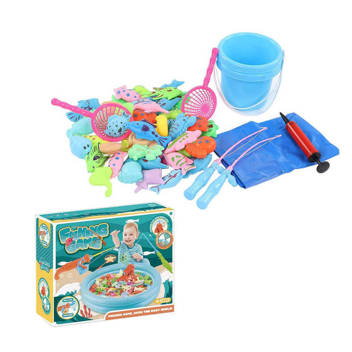 Inflatable fishing tray with magnetic fish and accessories