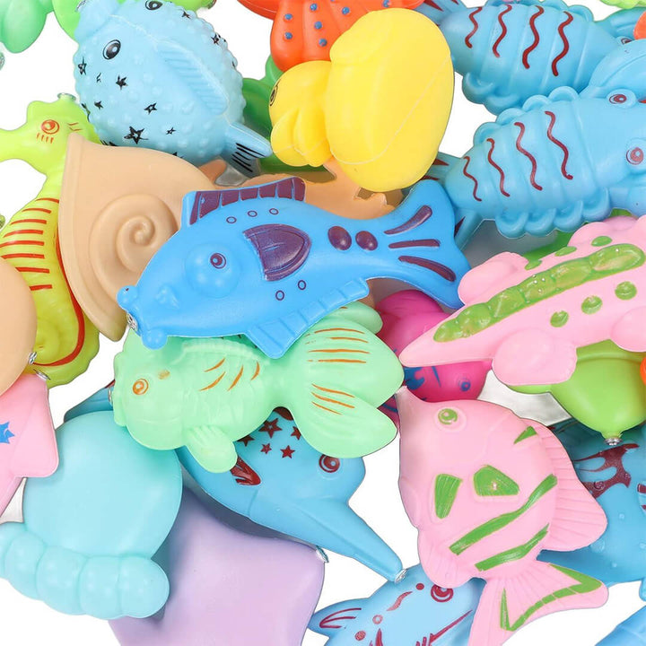 Close-up of colorful magnetic fish toys and fishing rods