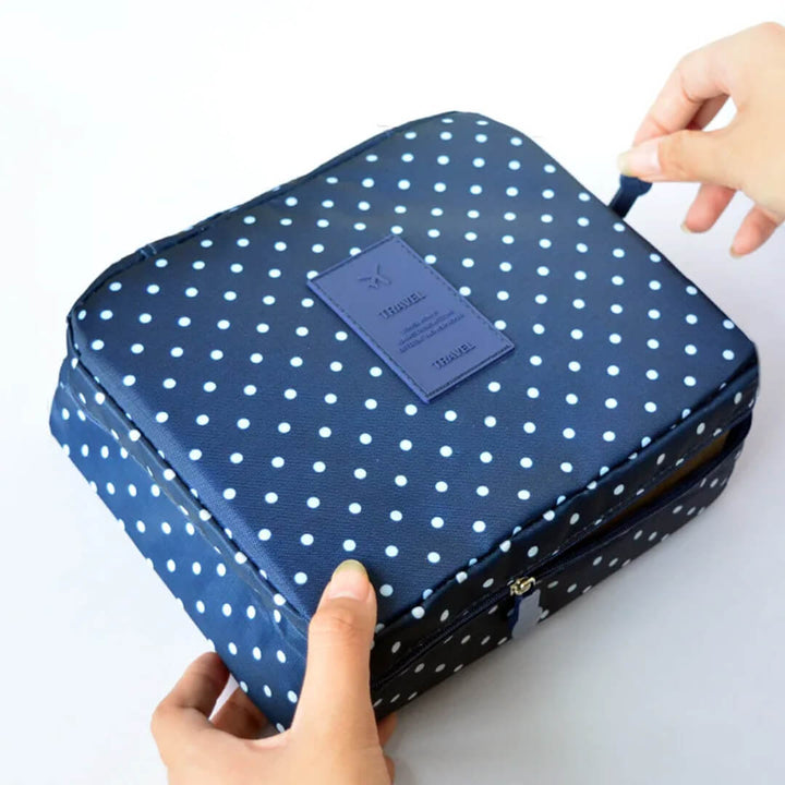 Portable Double Layer Makeup Organizer Bag Dotted-Navy