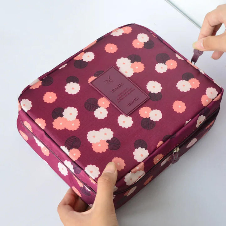 Portable Double Layer Makeup Organizer Bag Flowers Burgundy