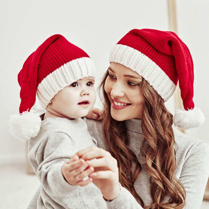 Mom and baby matching Knitted Christmas Santa red hat