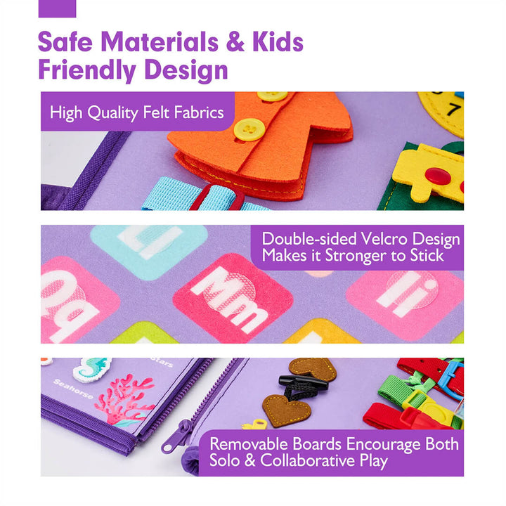 Close-up of zipper, Velcro, and buckle activities on mermaid busy board