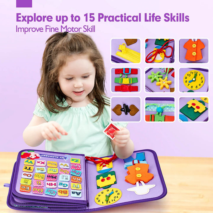 Purple felt busy board with laces, shapes, and buttons for fine motor skills