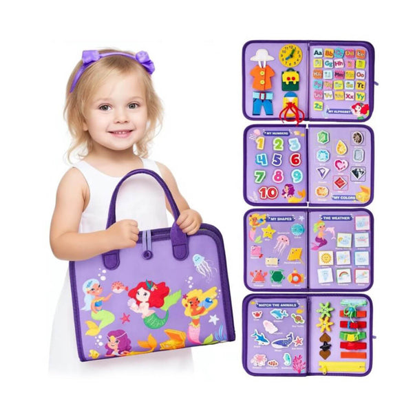Purple mermaid-themed felt busy board for toddlers – front view