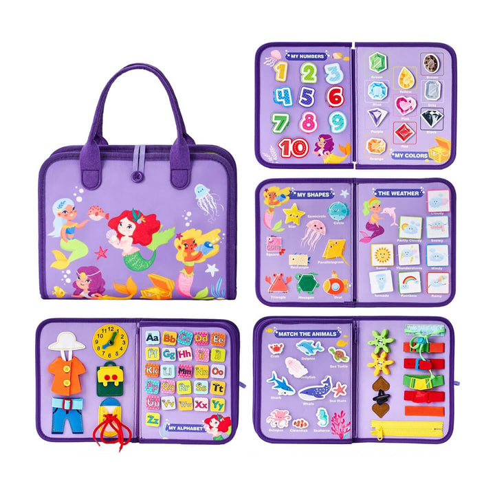 Double-sided Montessori busy board with purple mermaid design