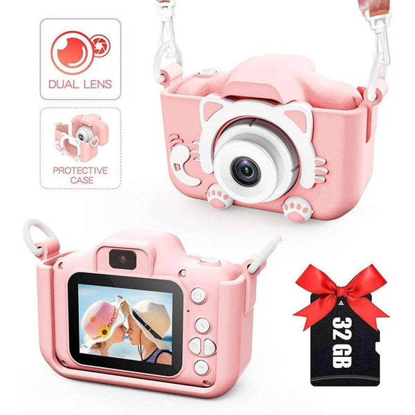 Anti-Drop Dual-Lens Cute Cat Mini Camera + 32Gb Card Pink