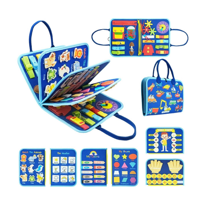 Felt sensory board for toddlers with zippers and buttons