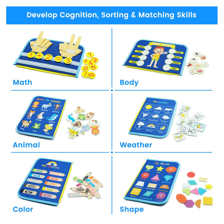 Educational busy board for developing cognition, sorting, and matching skills in children.