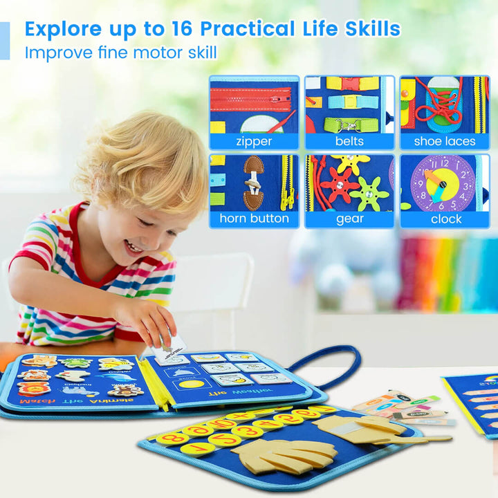 Close-up of toddler playing with Montessori busy board