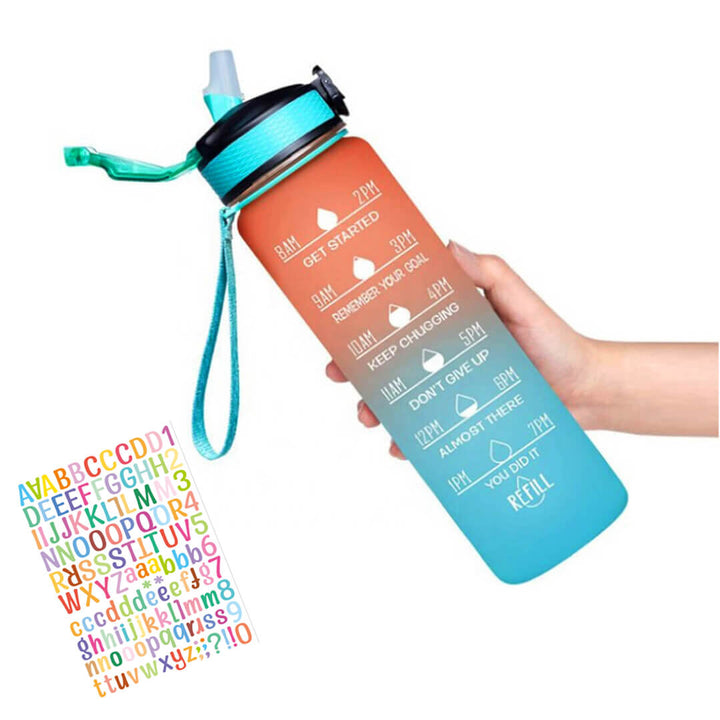 BPA-free 1L water bottle with ABC letters for labeling, orange and teal