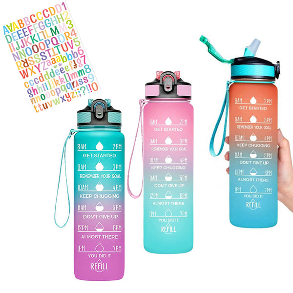 1L motivational water bottle with time markers and name ABC stickers, BPA free