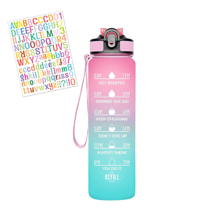 Llight pink and teal school water bottle with leakproof straw lid