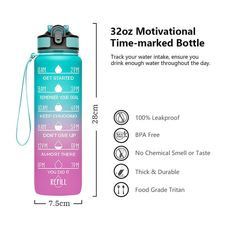 1L leakproof motivational water bottle with ABC stickers, dimensions
