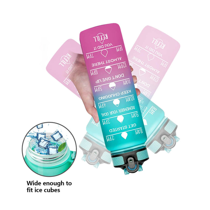 Motivational leakproof school bottle in dark pink and teal 