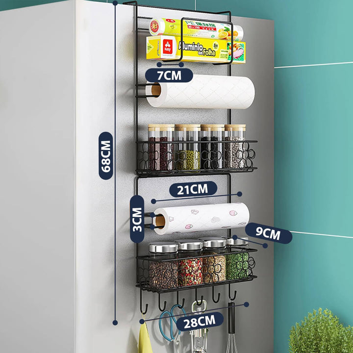 Durable black refrigerator side shelf with multi-layer storage​, dimensions