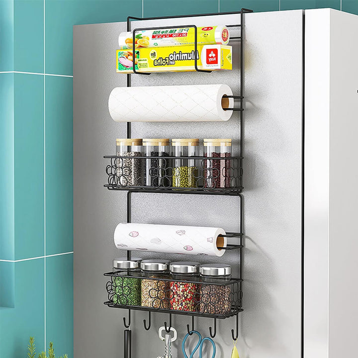 Fridge side rack with hooks and paper towel holder​, black