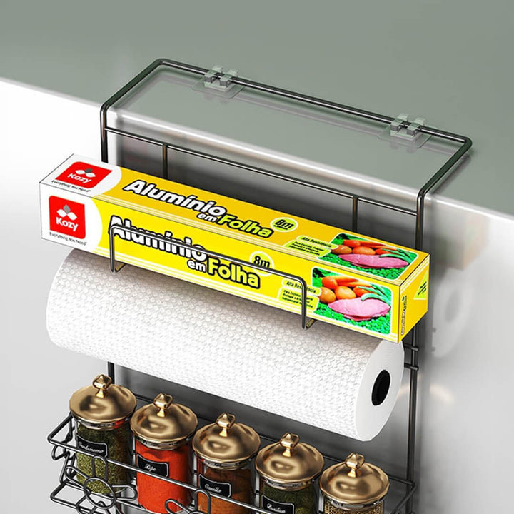 Easy-install black fridge side rack with hooks and towel holder​