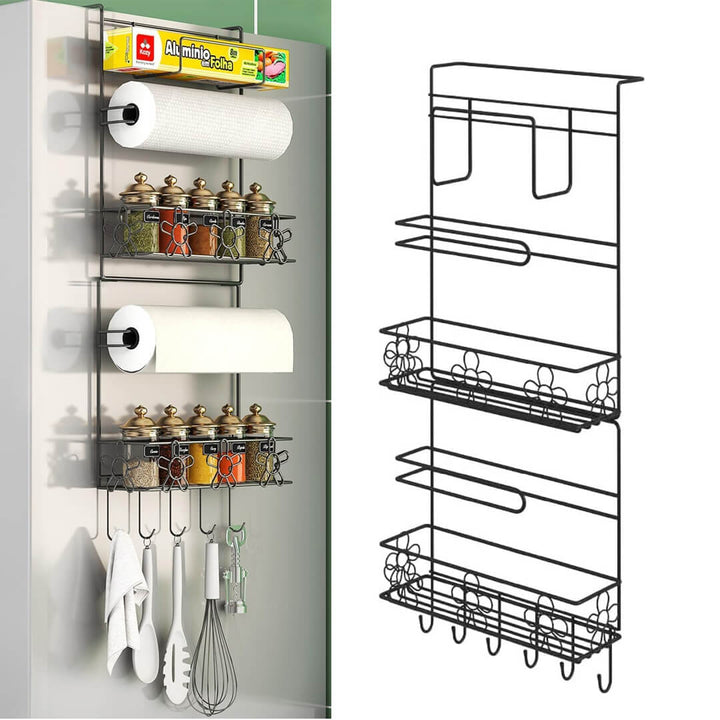 Black refrigerator side rack with hooks and paper towel holder​
