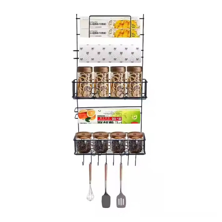 Space-saving multifunctional black kitchen organizer shelves and hooks for fridge sidewall​