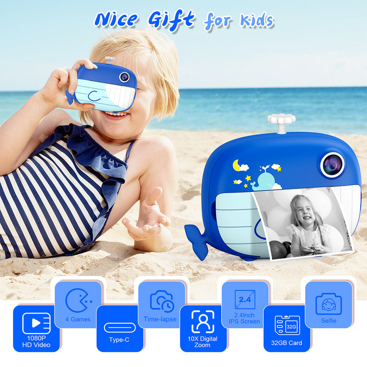 Navy Whale Instant Print Camera – 32GB & 6 Rolls Ink-Free