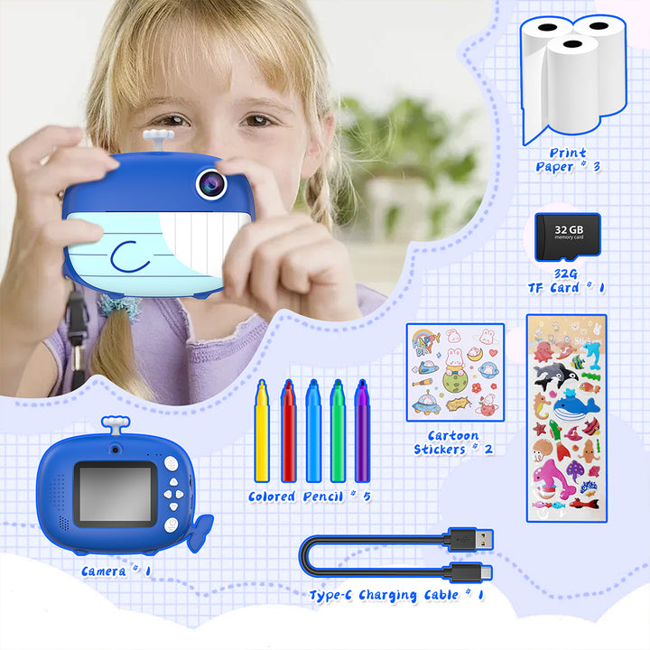 Navy Whale Instant Print Camera – 32GB & 6 Rolls Ink-Free