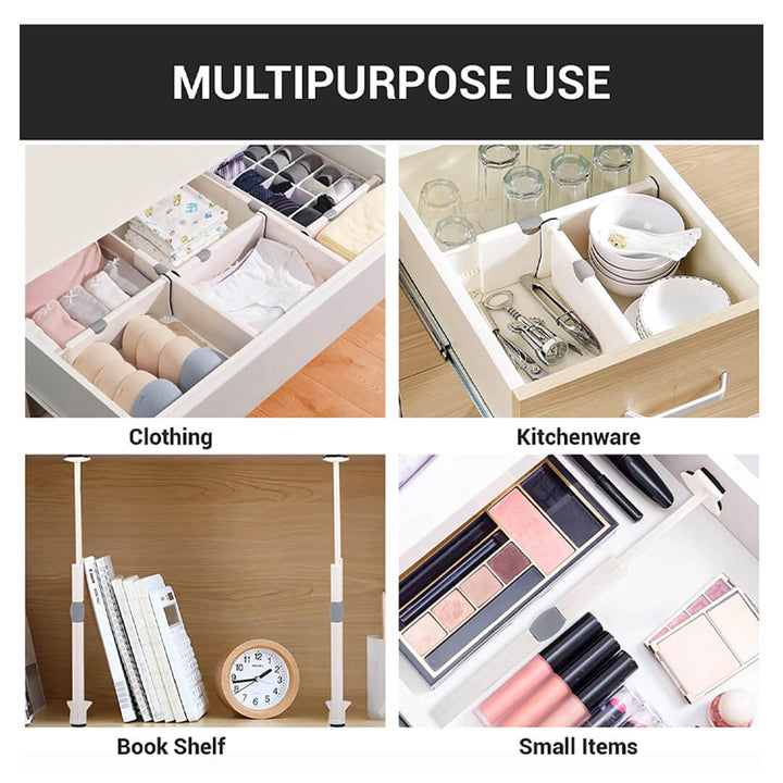 Multi-use drawer divider for clothing, kitchenware, books, and makeup organization
